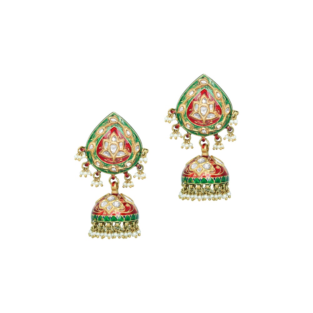 Teardrop Polki Jhumkas with Green-Red Enamel and Pearl Clusters
